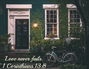house ivy with bicycle and scripture